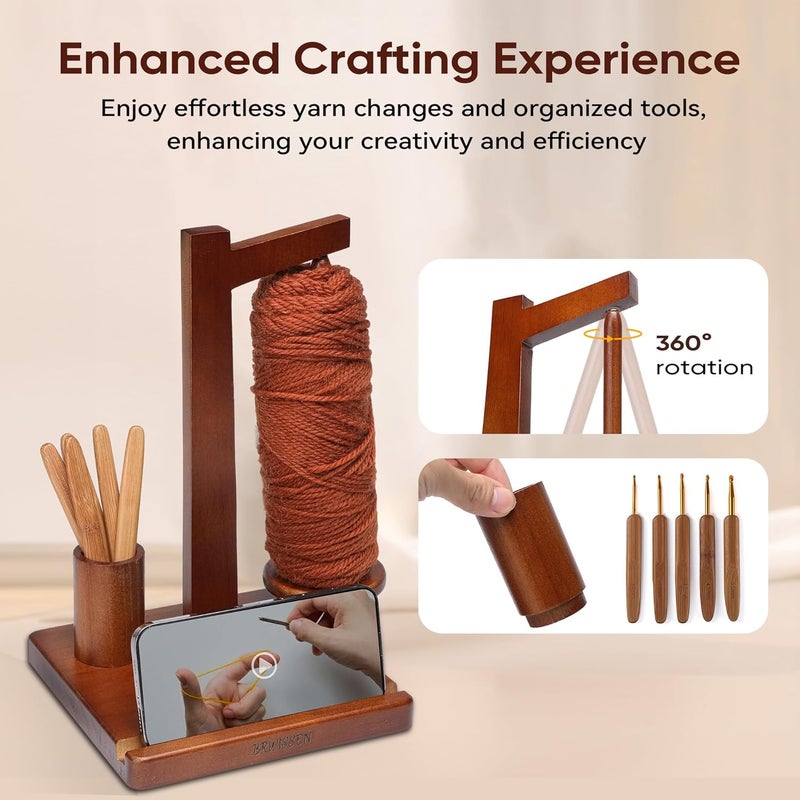 BRWISSEN Wooden Yarn Holder for Crocheting and Knitting with Phone Stand, Crochet Hook Storage, and Magnetic Yarn Ball Holder Spinner - Ideal Gift for Crochet Lovers-Walnut Color - Image 2
